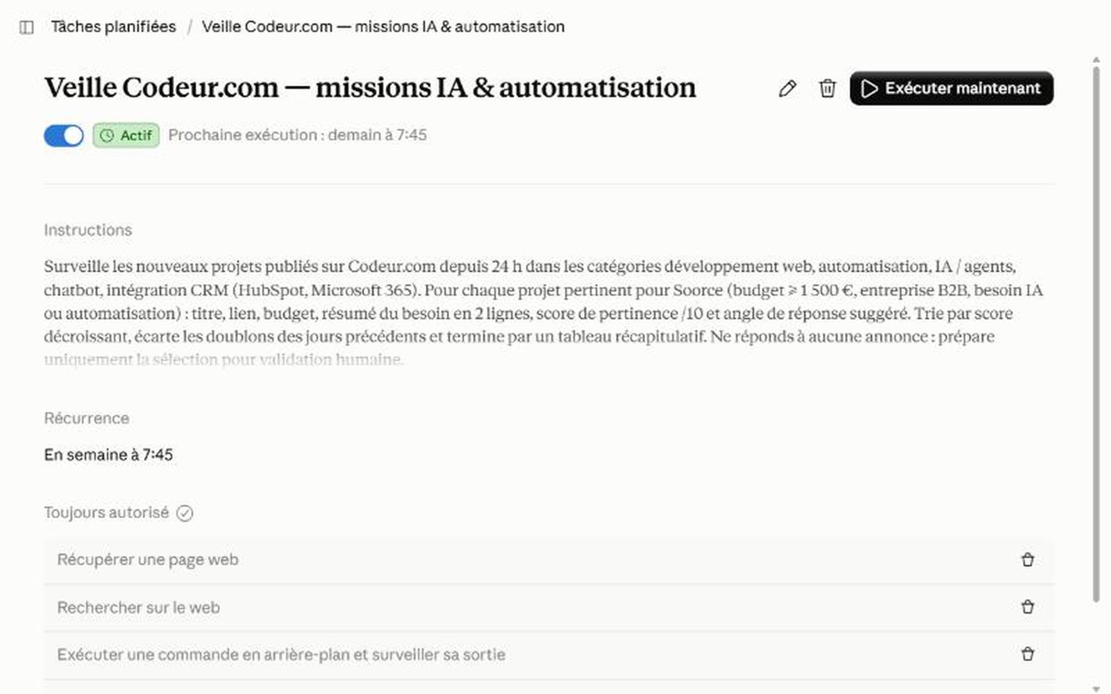 Tâche de veille automatisée dans Claude
